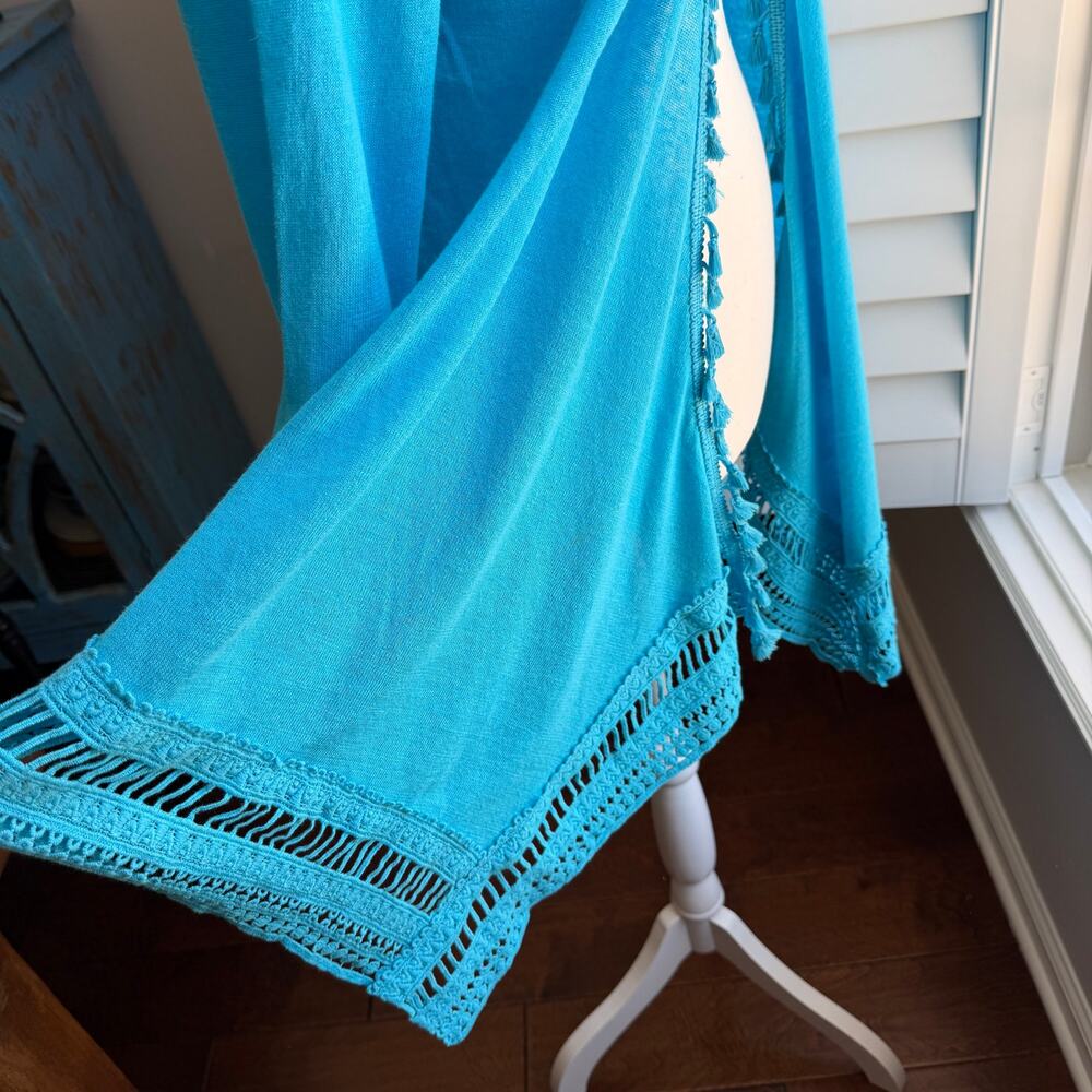 CHICO'S Blue Linen Blend Tassel Trim Open Front Cardigan Boho Sweater Size 1 - Picture 8 of 12